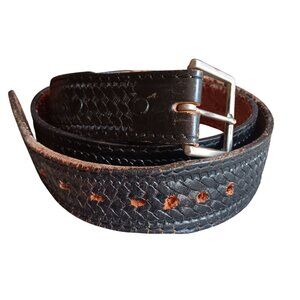 42 True Vintage Black Basket Duty Tooled Leather Belt Lyntone Made USA Cowhide